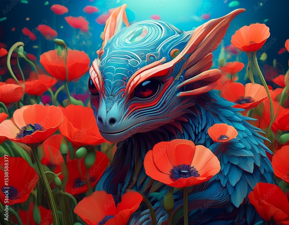 Fototapeta premium a stylized depiction of a creature among vibrant poppy flowers