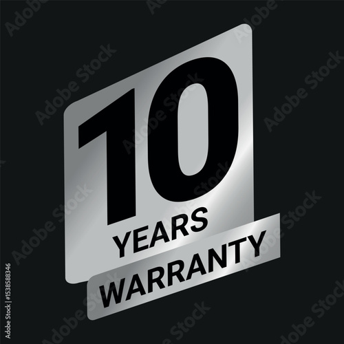 Silver 10 years warranty badge with bold text on dark background, used for product guarantee and assurance	