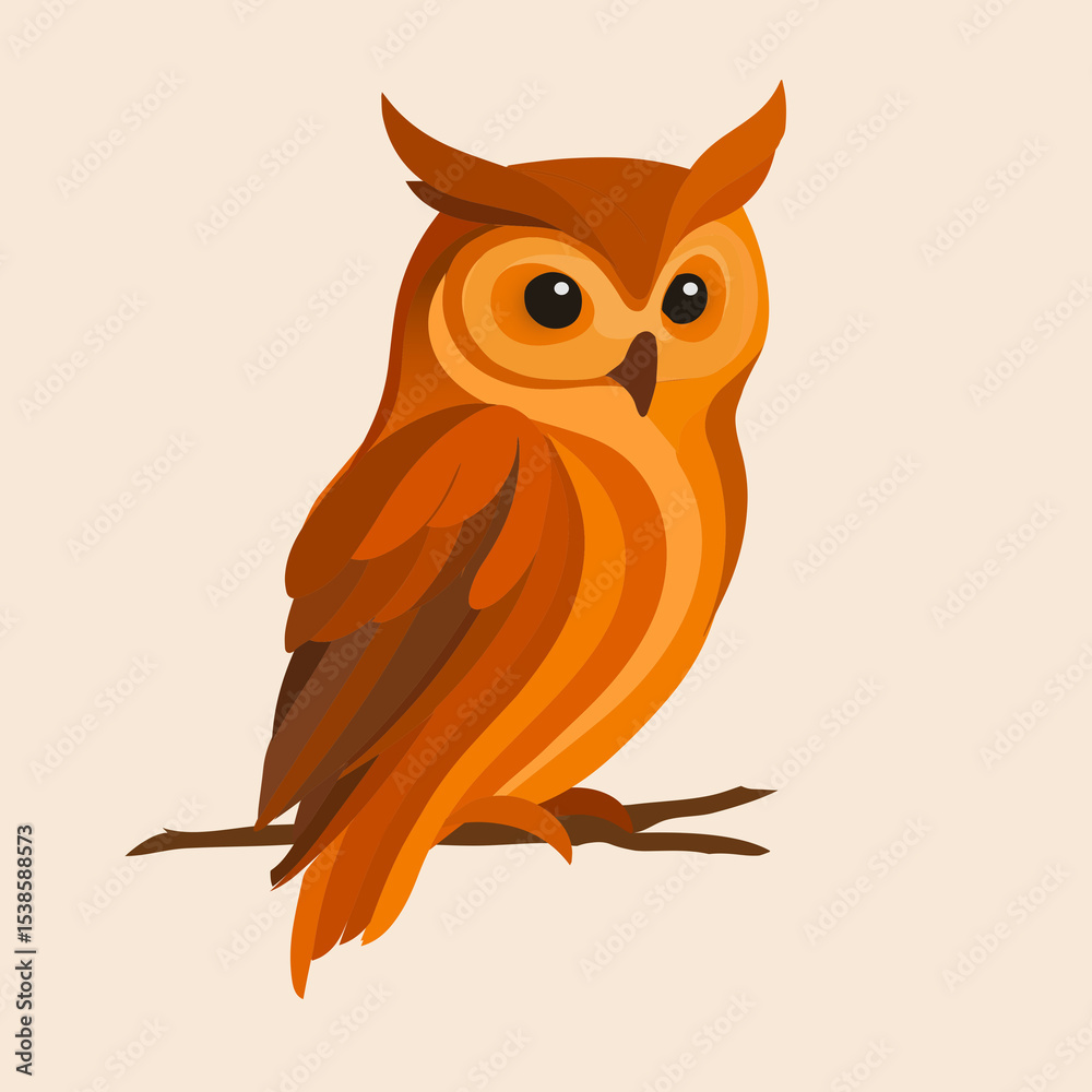 Obraz premium Diese stilisierte Eule sitzt auf einem Ast und ist in einem modernen, flächigen Design dargestellt. Die Illustration spielt mit warmen Orangetönen und klar definierten Formen