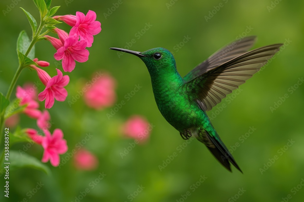 Naklejka premium A lively hummingbird flutters close to vivid pink blossoms, displaying its shimmering green plumage in a scenic outdoor environment.