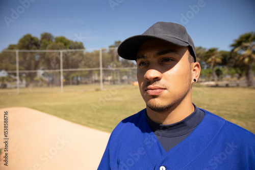 Male baseball player standing on infield dirt at baseball field wearing jersey and cap, copy space