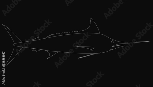 A sleek black and white marlin fish illustration with sharp, elongated sword-like bill, detailed scales, and dynamic curves, set against a dark background.