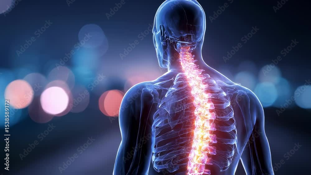 Transparent medical animation revealing human spine anatomy with detailed hernia visualization, set against blurred background highlighting intricate spinal pathology and structural changes