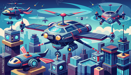 Futuristic Metropolis Skyline with Flying Vehicles and Modern Architectural Buildings