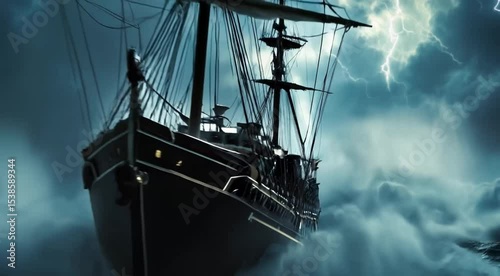 A majestic ship battles towering waves under a stormy sky.