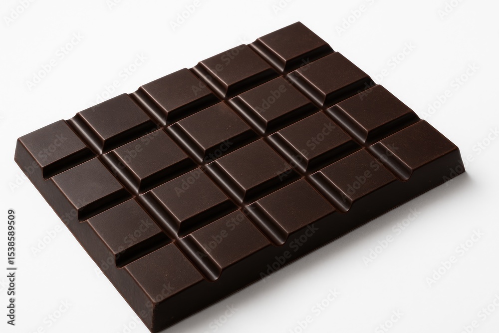 Fototapeta premium Intense dark chocolate piece against a plain white backdrop, zoomed-in perspective