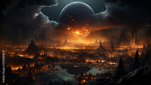 3D rendering of the space city under missile attack