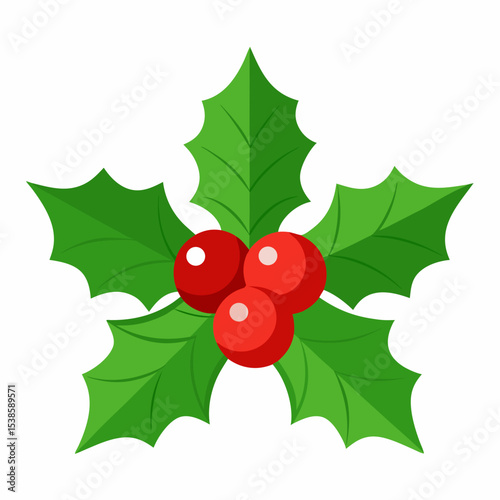 Festive Holly Berry Illustration for Christmas and Winter Holiday Season Featuring Green Leaves and Red Berries on a White Background Perfect for Holiday Designs