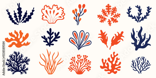A beautifully crafted summer vacation illustration set of colorful seaweed and coral silhouettes with transparency ready for design projects