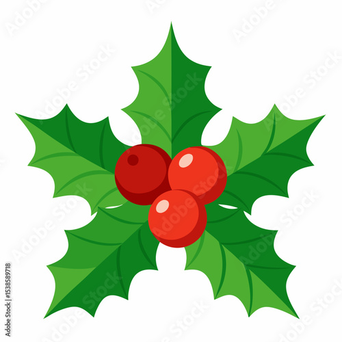 Festive Holly Berry Illustration with Green Leaves and Red Berries Perfect for Christmas Holiday Decorations and Seasonal Greetings Isolated on White Background in Vector Format