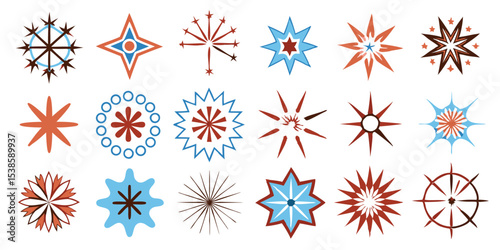 A collection of vector illustrations with various starburst, snowflake, and geometric shapes perfect for diverse design projects and creative summer vacation elements