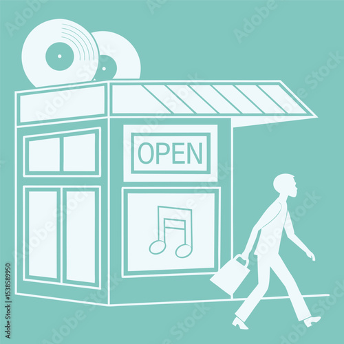 Illustration of a man walking past a record store with vinyl records on the roof and an open sign