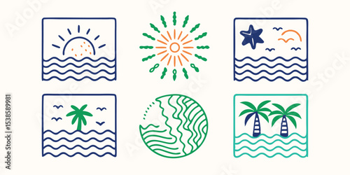 A delightful and charming collection of hand drawn summer vacation illustrations showcasing beaches, sunsets, and tropical elements in a creative vector design