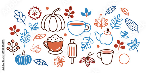 A delightful summer vacation illustration set featuring autumnal elements like pumpkins leaves and warm beverages perfect for festive designs