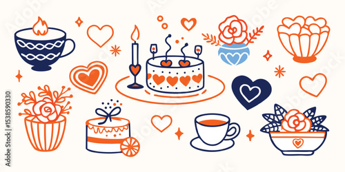 A delightful summer vacation illustration set featuring love hearts, cakes, flowers, and a cup of coffee, perfect for adding charm to any creative design project.