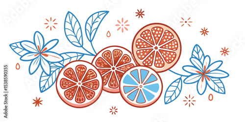 A delightful summer vacation illustration set featuring colorful citrus fruit slices and decorative floral elements on a white transparent background