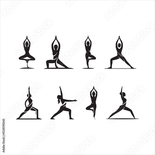 Yoga set flat silhouette vector illustration.