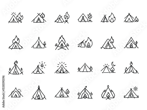 Glowing silhouette of a tent and campfire icon with radiant neon light effect on a dark background, perfect for camping, outdoor adventure, and travel-themed designs and branding