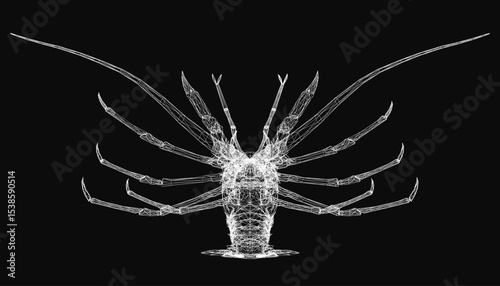 3D wireframe lobster with intricate lines and shapes, showcasing realistic details on a sleek black background. The complex structure highlights the crustacean's anatomy, perfect for design and.