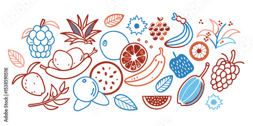 A vibrant and appealing summer vacation illustration set featuring assorted fruits and decorative elements, perfect for various design projects with a clean modern appeal.