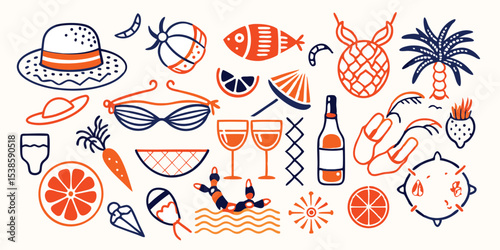 A vibrant and detailed illustration set of summer vacation elements including food drinks beach accessories perfect for various design projects.