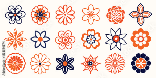 A vibrant collection of stylized floral icons presented in an artistic arrangement with a retro feel perfect for a summer vacation illustration set