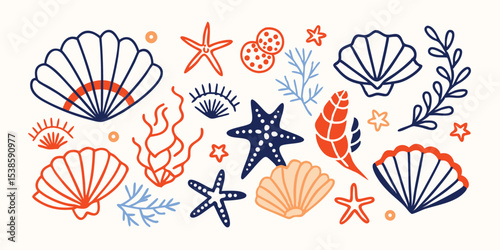 A whimsical collection of sea-themed illustrations featuring various seashells starfish and coral elements perfect for summer vacation set designs.