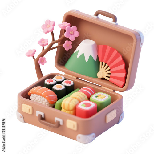 3D icon of Japanese travel with sushi rolls, cherry blossom, Mount Fuji, and red fan inside a brown suitcase isolated on white background for vibrant and engaging travel-inspired content