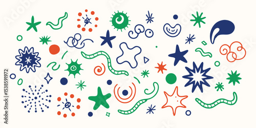 Colorful abstract summer vacation illustration set featuring various shapes, doodles, and decorative elements in a vibrant and playful design for creative projects