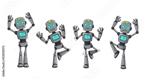 Dancing robot character in different poses isolated PNG with Transparent Background