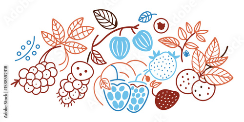 Colorful outlined summer fruits and leaves illustration creating an organic and vibrant illustration perfect for vacation related designs and other creative projects