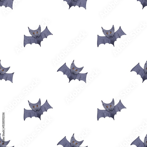 Seamless Watercolor Halloween Pattern with Hand-Painted Bats, Cute Spooky Autumn Design for Wrapping Paper, Textile, Kids Decor and Seasonal Party Invitations