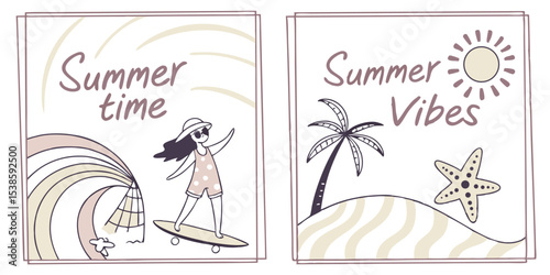 Cute summer vacation illustration set showcasing summer time fun and good summer vibes including surfing with a palm tree starfish and the sun with a unique and playful design.