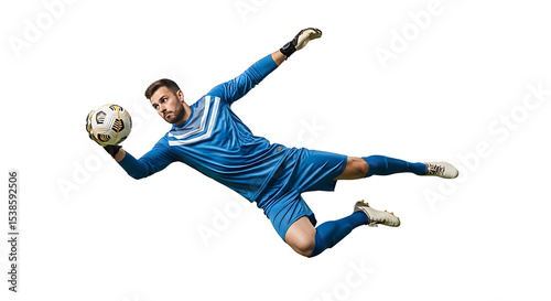 Goalkeeper Making a Save Mid-Air with Soccer Ball in Hand