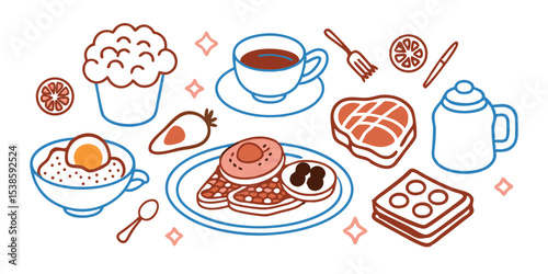 Cute and colorful summer vacation illustration set featuring breakfast items like muffins coffee plates and toast suitable for versatile graphic design projects