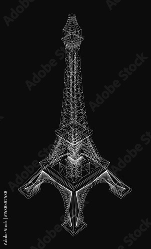 Mini Eiffel Tower 3D model stands out against a black background, showcasing intricate architectural details with sharp contrast. The dark backdrop enhances the metallic structure, creating a.