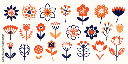Decorative floral elements collection featuring vibrant orange and navy designs suitable for summer vacation themed illustrations perfect for various creative applications