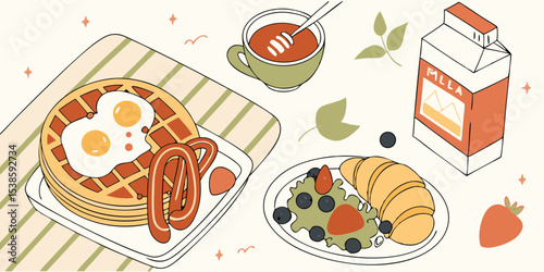 Delicious and wholesome illustrated breakfast set featuring waffles fried eggs croissant tea and fruit for a summer vacation illustration set