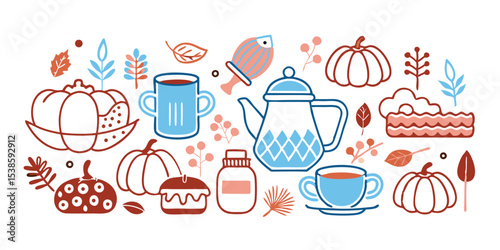 Delightful hand drawn fall themed illustration featuring tea time pumpkins and autumn leaves perfect for creating summer vacation illustration set designs.