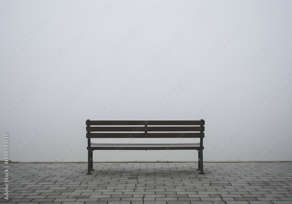 Bench in Fog on a Brick Pathway | Minimalist Still Life Scene for Loneliness or Contemplation Concepts Bench in Fog on a Brick Pathway | Minimalist Still Life Scene for Loneliness or Contemplation Concepts