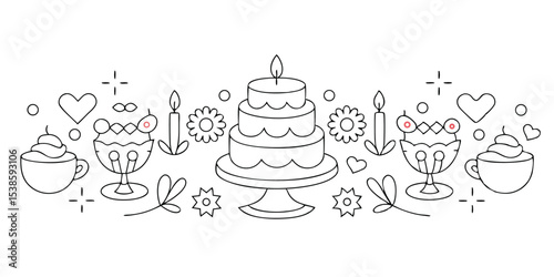 Delightful outline illustration featuring a tiered birthday cake, cupcakes, hearts, and decorative elements, perfect for summer vacation design projects.