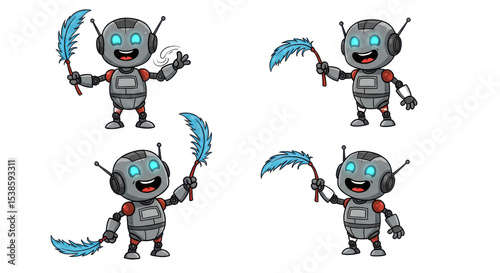 Cartoon illustration set of a robot holding a feather isolated PNG with Transparent Background