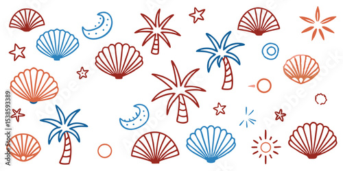 Delightful summer vacation illustration set showcasing hand drawn elements with palm trees seashells stars moons and sun perfect for various creative designs.