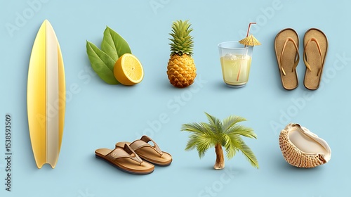 Summer Beach Vibes Surfboard Pineapple Tropical Drink Flip Flops and Palm Tree Beach Vacation Flat Lay with a Lemon and