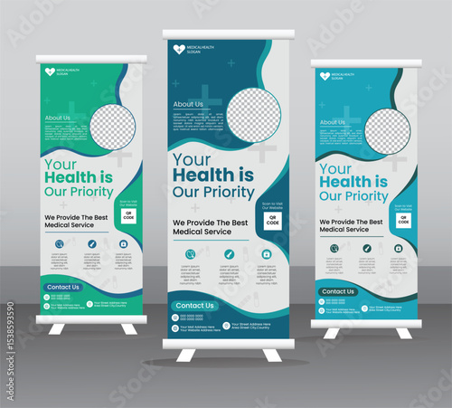 Medical Rollup Banner Design – Editable & Modern Healthcare Stand Banner Template | EPS Vertical Layout
