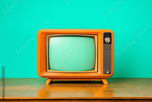 Retro Orange Television Set on Wood Table Against a Teal Background