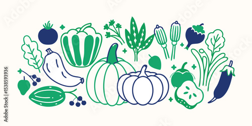 Flat illustration collection of fresh organic vegetables featuring pumpkins peppers and eggplant perfect for summer vacation themed projects.