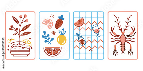 Four unique illustrated rectangular cards featuring summer vacation illustration set with stylized botanical elements fruits and a charming crustacean suitable for various design needs.