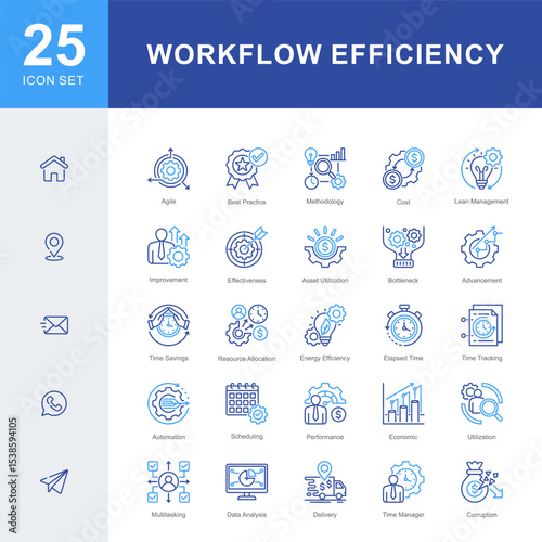 A set of icons focused on workflow efficiency, covering agile methods, lean practices, automation, performance, time tracking, and strategic resource utilization for better outcomes.