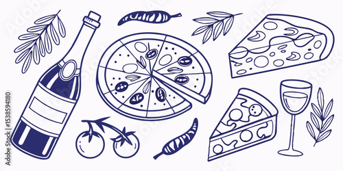 Hand drawn pizza slices champagne bottle wine glass tomatoes and other food elements summer vacation illustration set